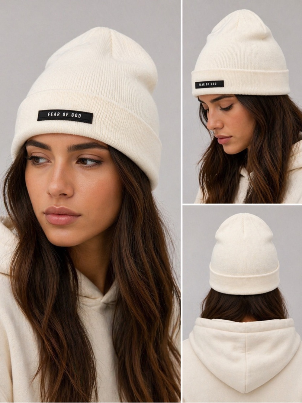 Fear of God Essentials Cream Knit Beanie Sixth Collection Logo